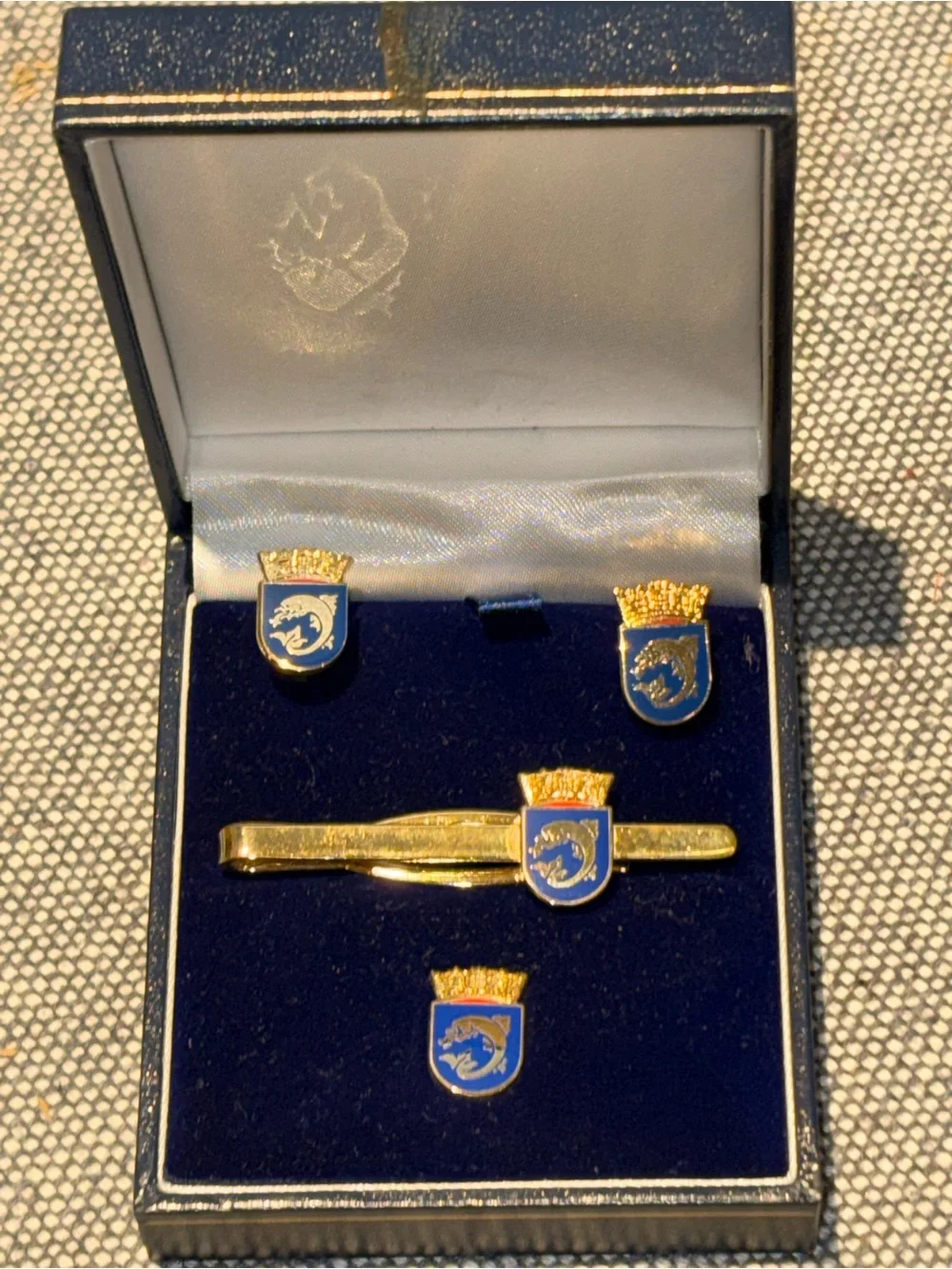 Vintage Portuguese Marine Submarine Service Cufflink, Lapel Pin & Tie Bar Set